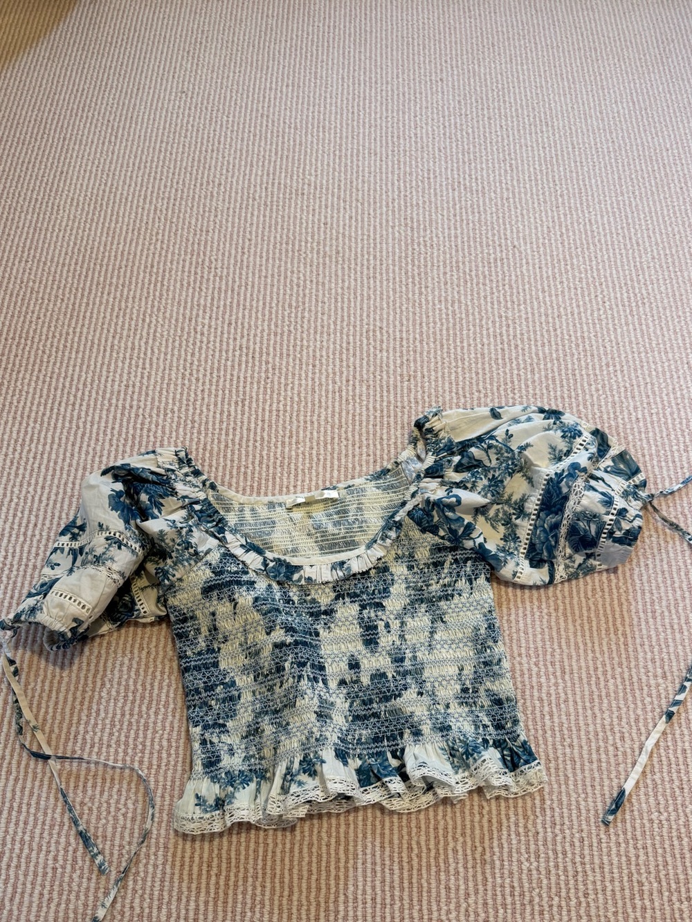 LoveShackFancy Blue and Cream Smocked Puff Sleeve Crop Top
